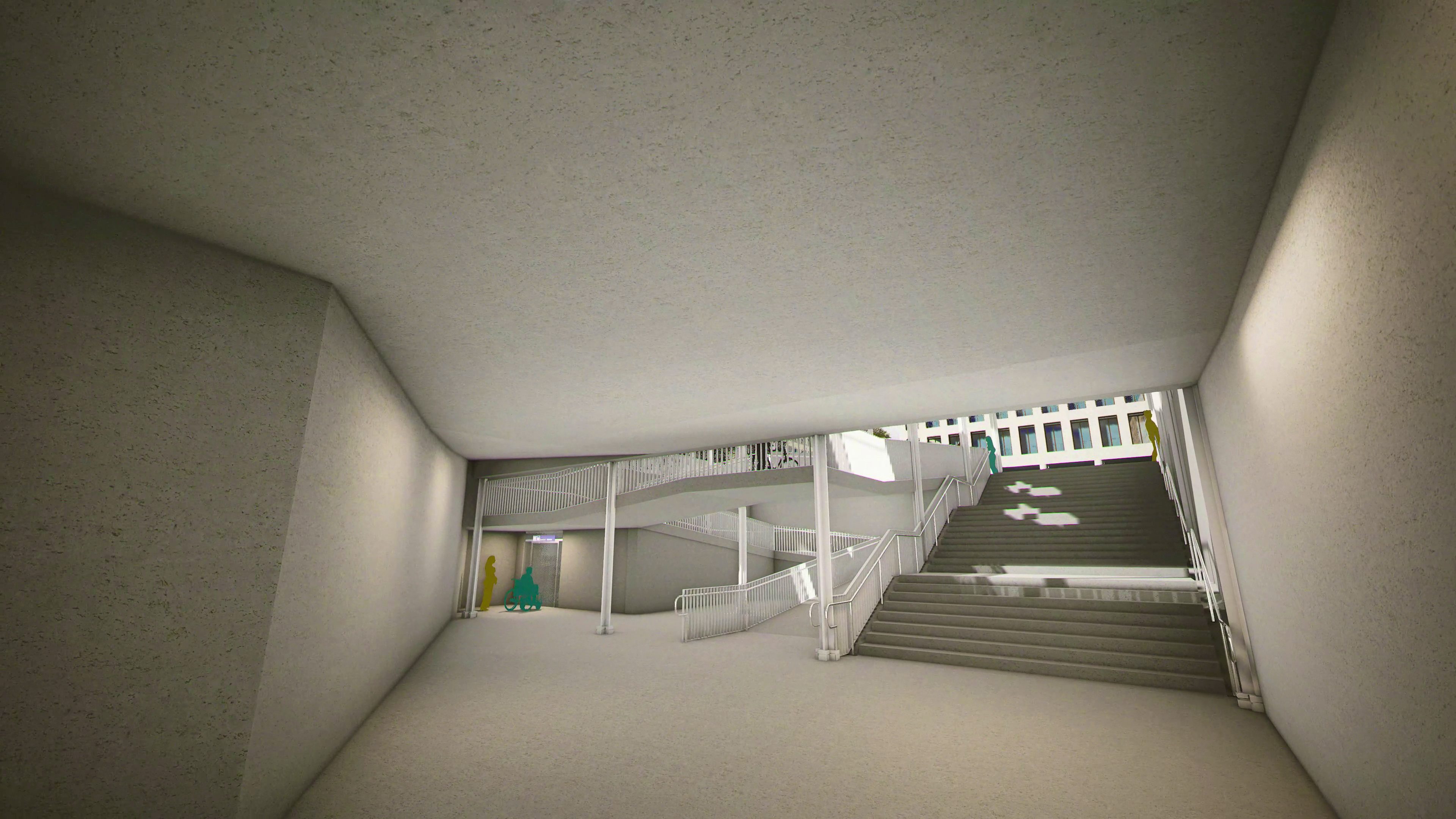 Visualisierung neue Personenunterführung, links mit Lift, Ausgang Richtung West, Seite Güterstrasse.